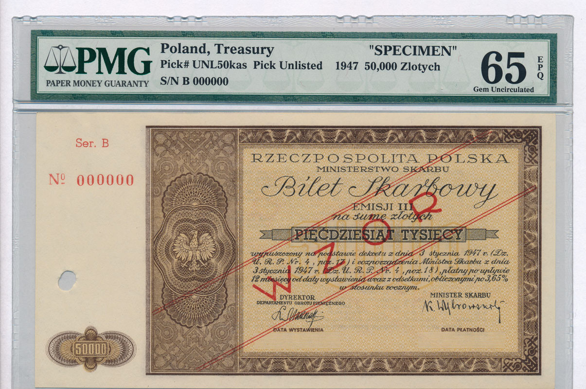 50.000 złotych bilet skarbowy 1947 - 12-miesięczny na 3.65 % PMG 65 EPQ - RZADKOŚĆ